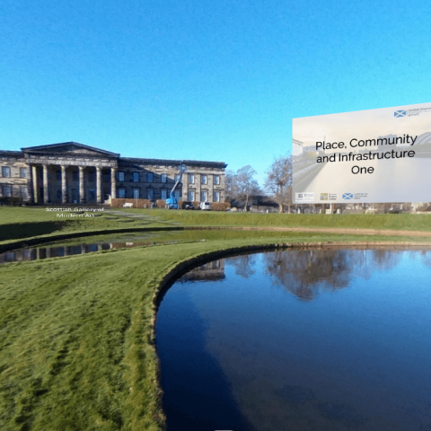 Museum entrance with grass and lake